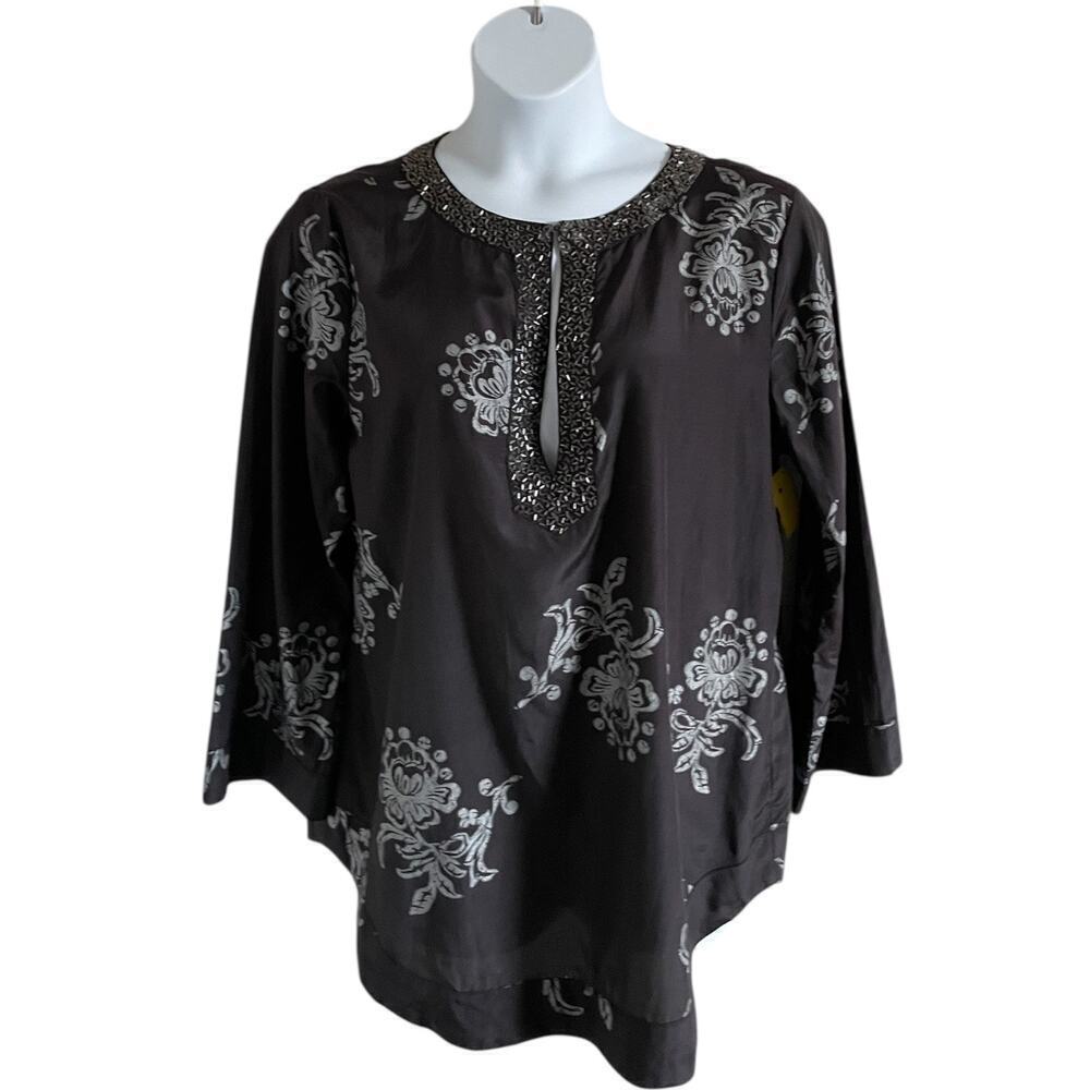 Chico’s Silk Tunic Top Beaded Floral Split Neck Blouse Black Size 3/XL
